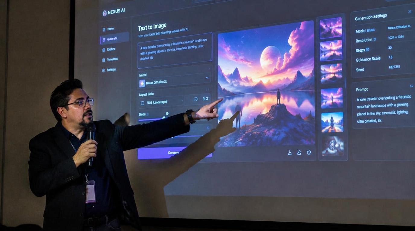 Profesor presentando una herramienta de IA en pantalla